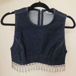Zara denim crop top with crystals/rhinestones